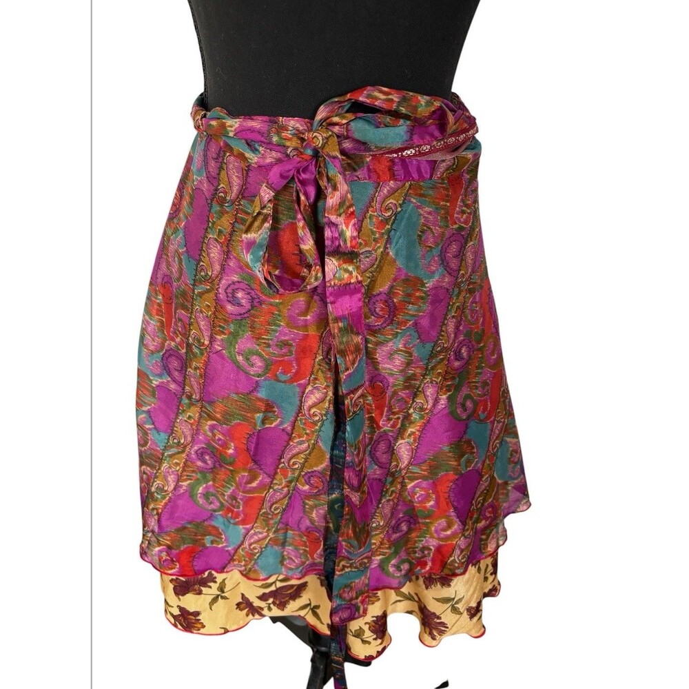 Silk Mixed Print Reversible Midi Wrap  Skirt, Boho Festival Indian Sari Fabric